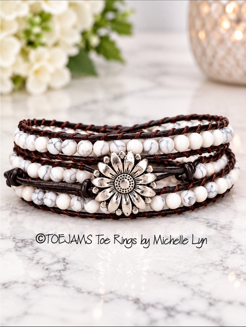 FRIENDSHIP BRACELET Daisy Button Leather and Quartz Adjustable Wrap Hand…